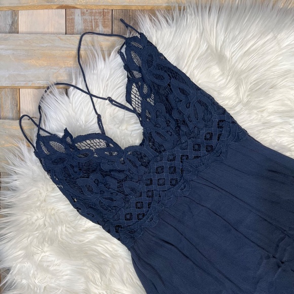 EUC ✵☽Free People☾✵ Crochet Ruffly Navy Blue Adella Slip Dress | Medium - Picture 12 of 16
